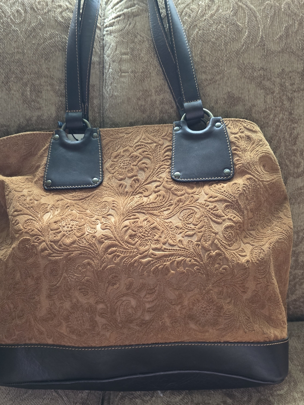 Capaccioli Large Brown Italian Tote Handbag Floral Embossed